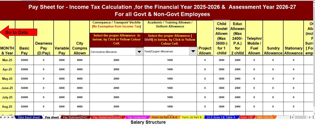 Automatic Income Tax Calculator All in One for the Government and Non-Government Employees with Form 10E in Excel for the F.Y.2025-26