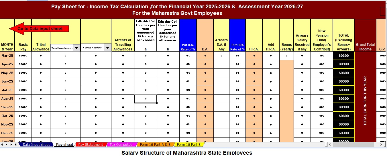 Download Automatic Income Tax Calculator All in One for the Maharashtra State Employees for the F.Y.2025-26 as per Budget 2025